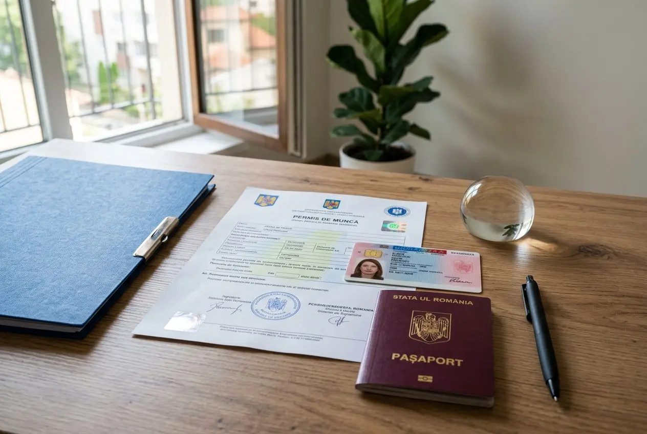 Documents officiels et passeport sur un bureau: conseils pour comment trouver du travail en Roumanie en tant qu’étranger.