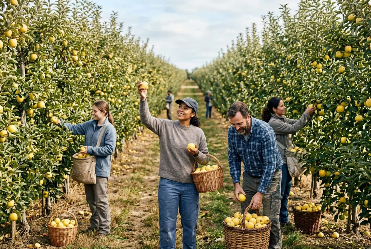 Équipe de travailleurs récoltant des pommes dans un verger, récolte et pic-essai d’un fruit; panier à fruits prêt à être chargé. Job saisonnier été 2026 étranger.