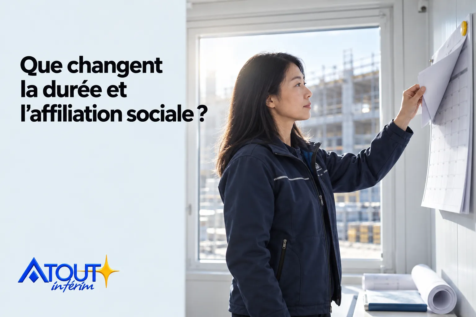 Une femme regarde un tableau fixé au mur dans un bureau, près de documents et plans.