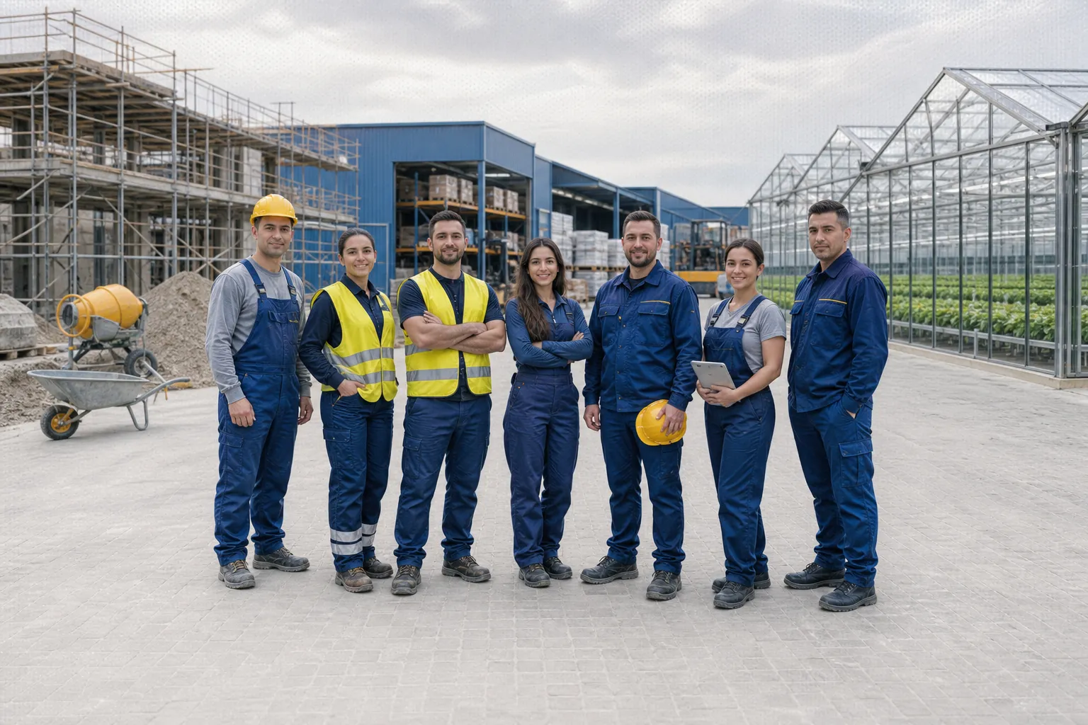 Groupe d’ouvriers et professionnels en chantier, vête­ments de sécurité et casques, posant devant des structures et serres industrielles. agence interim h travail temporaire roumanie france