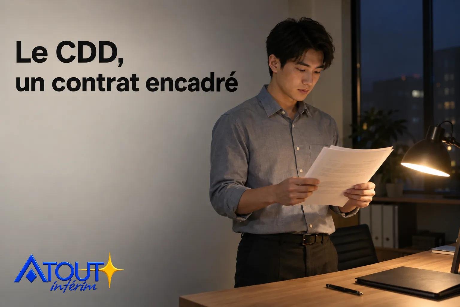 Un homme debout lit des documents dans un bureau, près d’une lampe de bureau et d’une table avec des objets de travail.