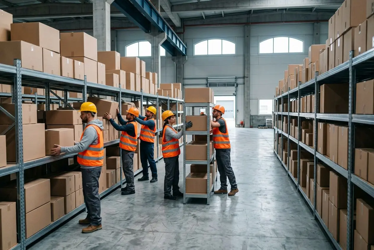 Homme et femmes en gilet orange et casque jaune dans un entrepôt, plaçant des boîtes sur des étagères rangées. Comment trouver du travail en Roumanie intégré fluide.
