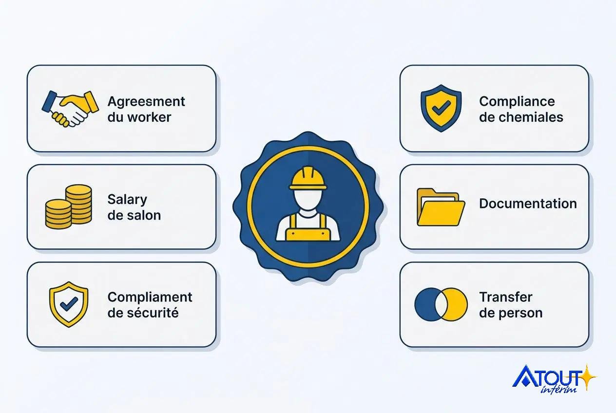 Illustration centrale d’un professionnel avec une icône de badge, entouré de six boîtes: Agrement du worker, Salary de salon, Compliement de sécurité, Compliance de chemilles, Documentation, Transfer de person. Mise à disposition de personnel rémunération évoquée par le thème.
