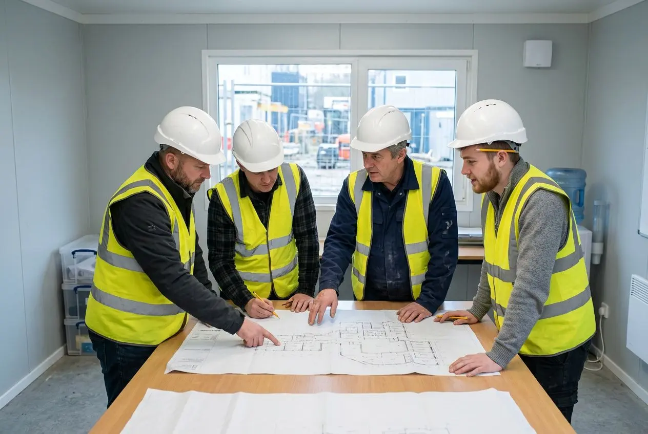 Quatre ouvriers en gilets jaunes et casques blancs autour d’un plan de chantier sur une table, discutant et prenant des notes. Exemple de plan d'organisation de chantier à l’écran.