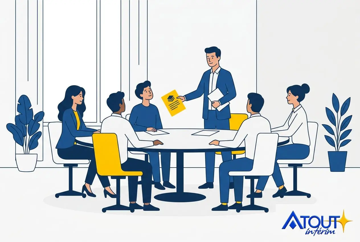 Réunion d’équipe autour d’une table, un manager présente un document jaune à ses collaborateurs, ambiance professionnelle. 10 règles d'or d'un management efficace.