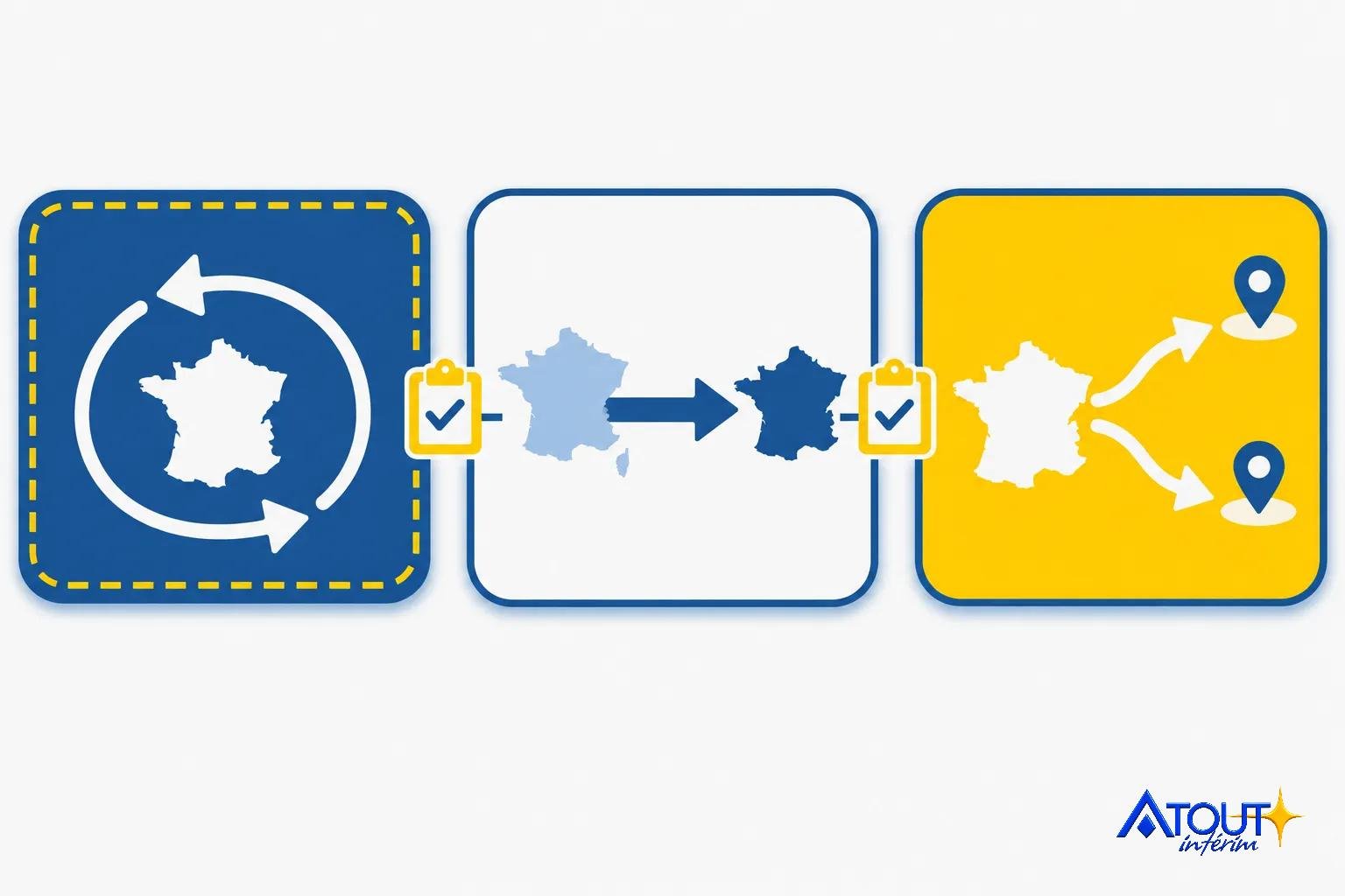 Schéma montrant un processus de mobilité avec trois blocs reliés par des flèches et des marqueurs, symbolisant un transfert