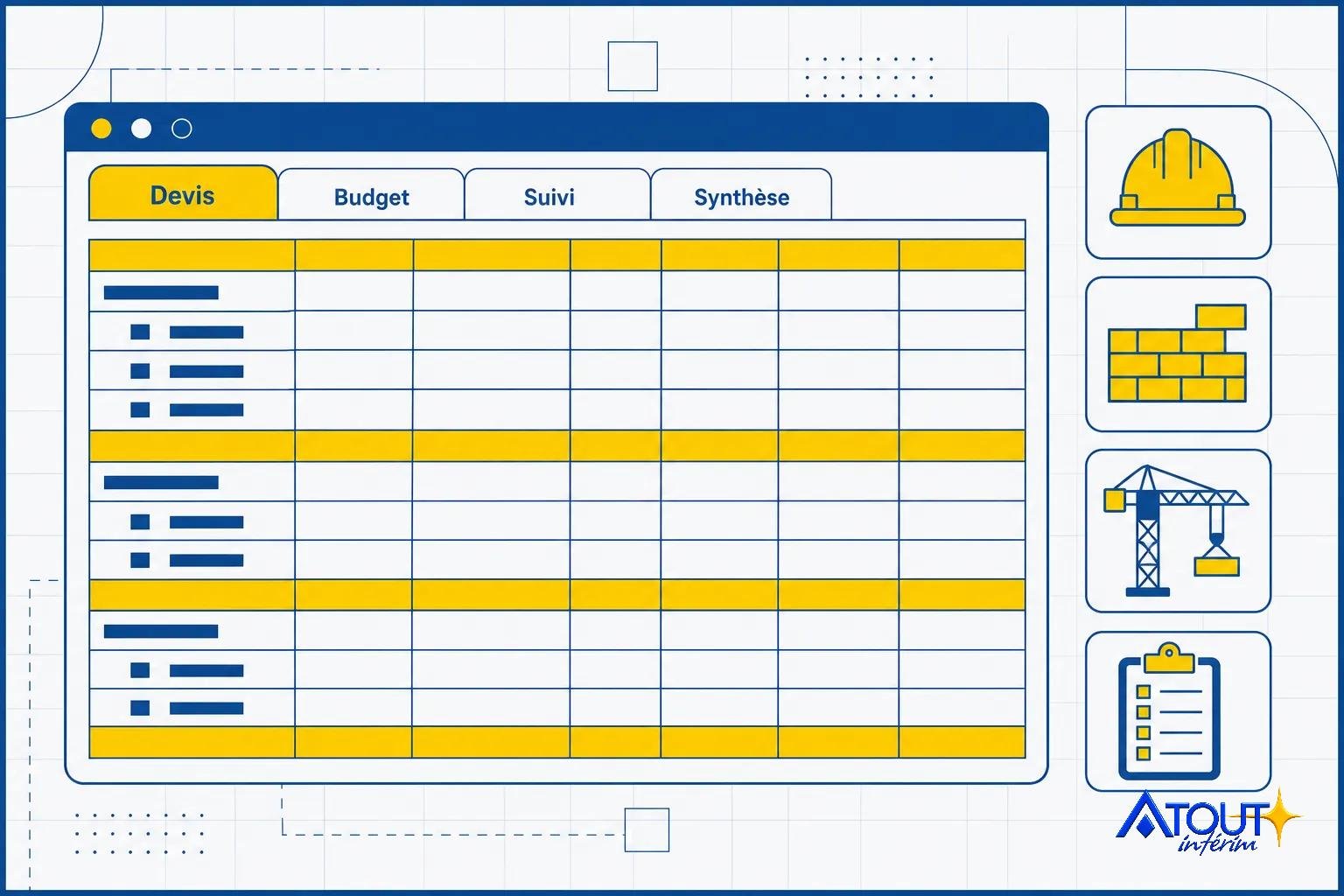 Tableau Excel chiffrage travaux : aperçu d’un interface de chiffrement budgétaire avec onglets Devis, Budget, Suivi et Synthèse, et colonnes jaunes.