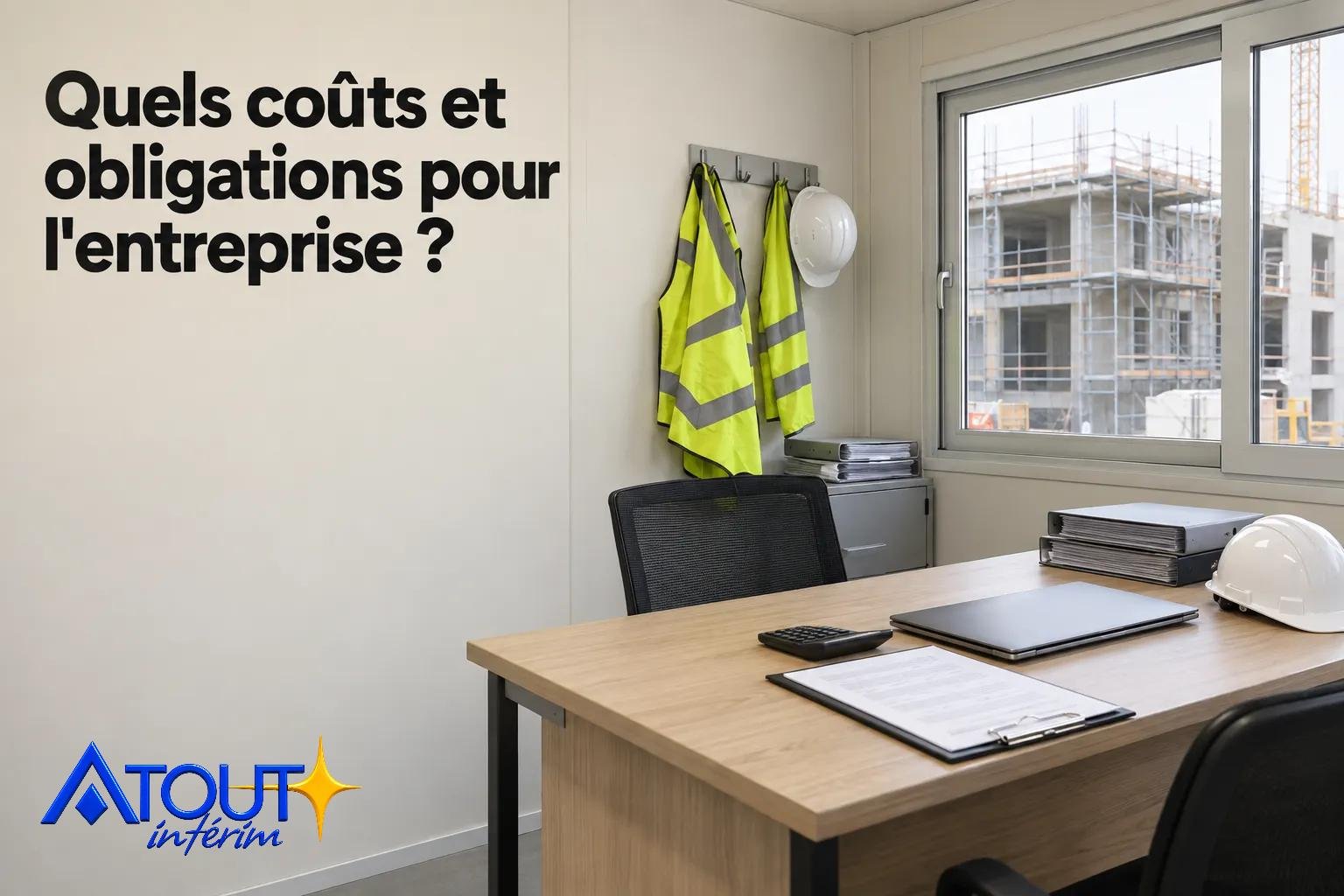 Titre de l’image: un bureau avec une table et des documents, sur le mur apparaît le texte quais coûts et obligations pour