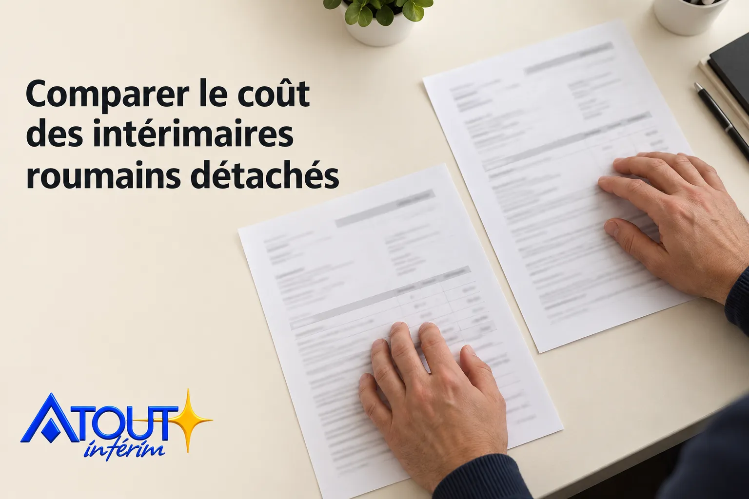 Deux mains tiennent et feuillettent des documents administratifs sur une table.