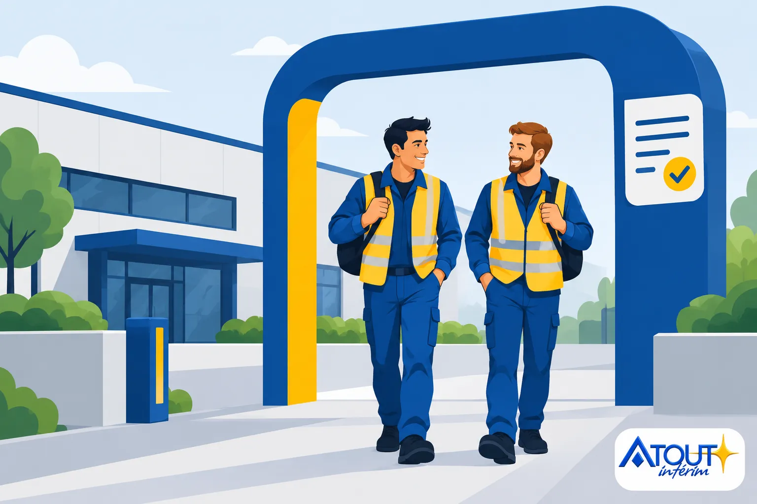 Deux ouvriers en gilets jaune et bleu marchent ensemble sous une arche d’entrée d’usine.