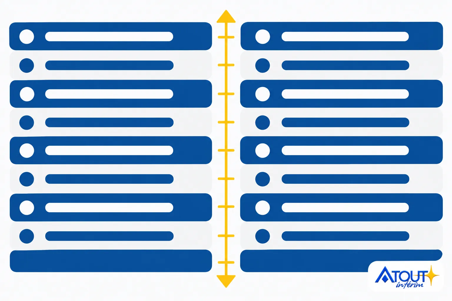 Diagramme comparant des barres bleues sur deux colonnes avec une échelle verticale jaune au centre.