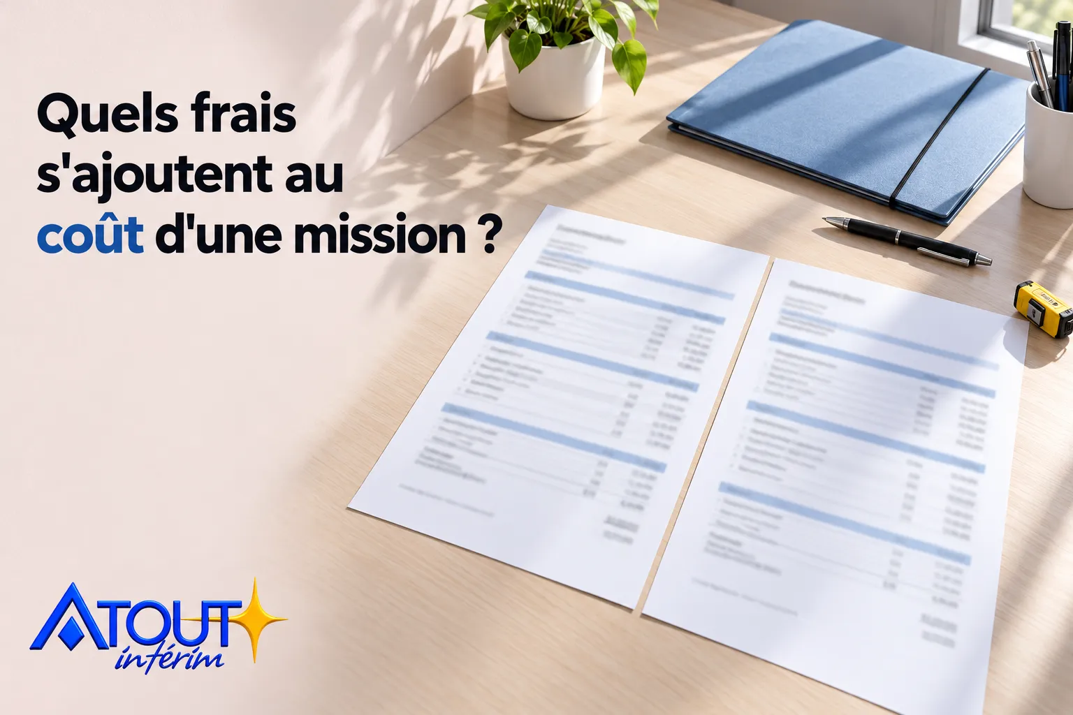 Un document posé sur une table avec des feuilles de calcul et un carnet, près d’un pot de plante et des outils, dans un