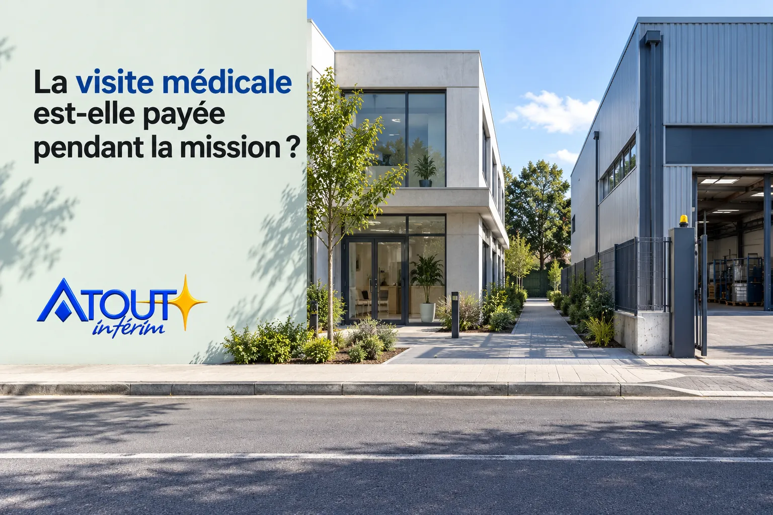 La façade d’un centre de santé au travail avec un panneau publicitaire bleu et noir indiquant la question sur la prise en