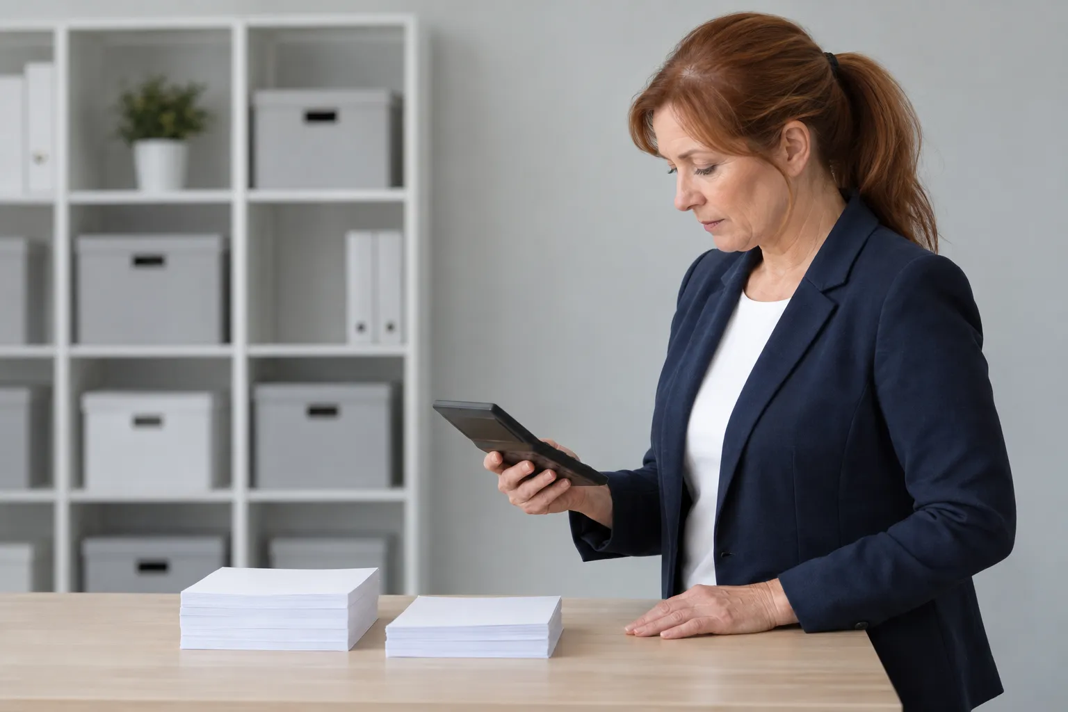 Une femme d’affaires lit une tablette posée sur une table, près de piles de documents.