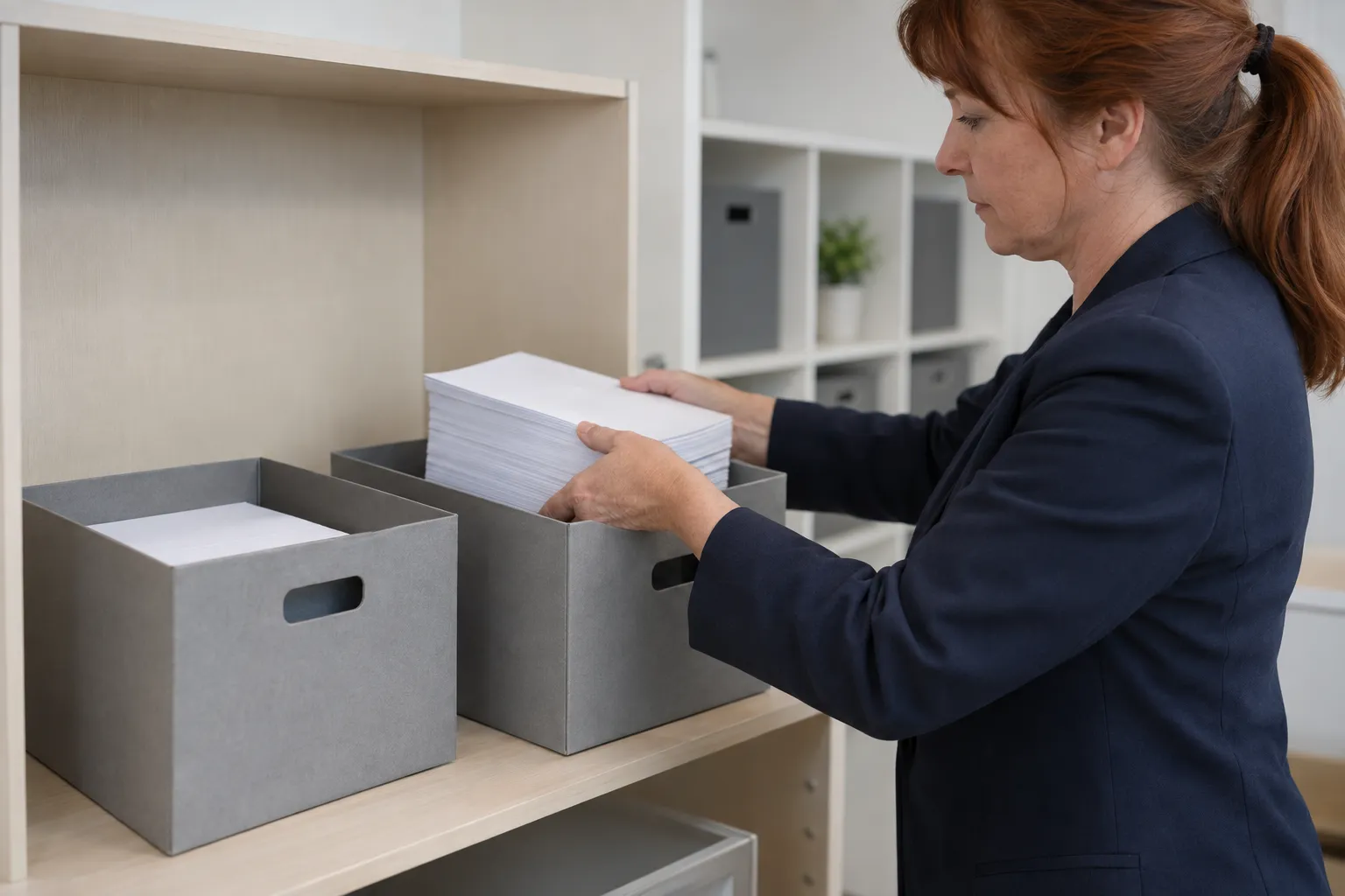 Une femme tricote des dossiers dans des boîtes grises sur une étagère de bureau.