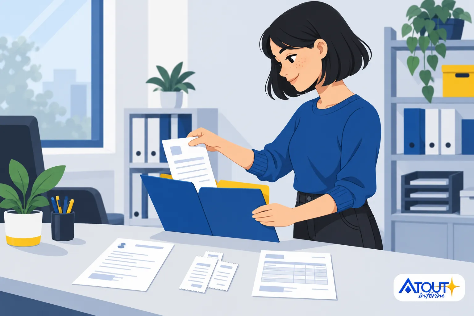 Une femme trie des documents sur un bureau dans un bureau lumineux.