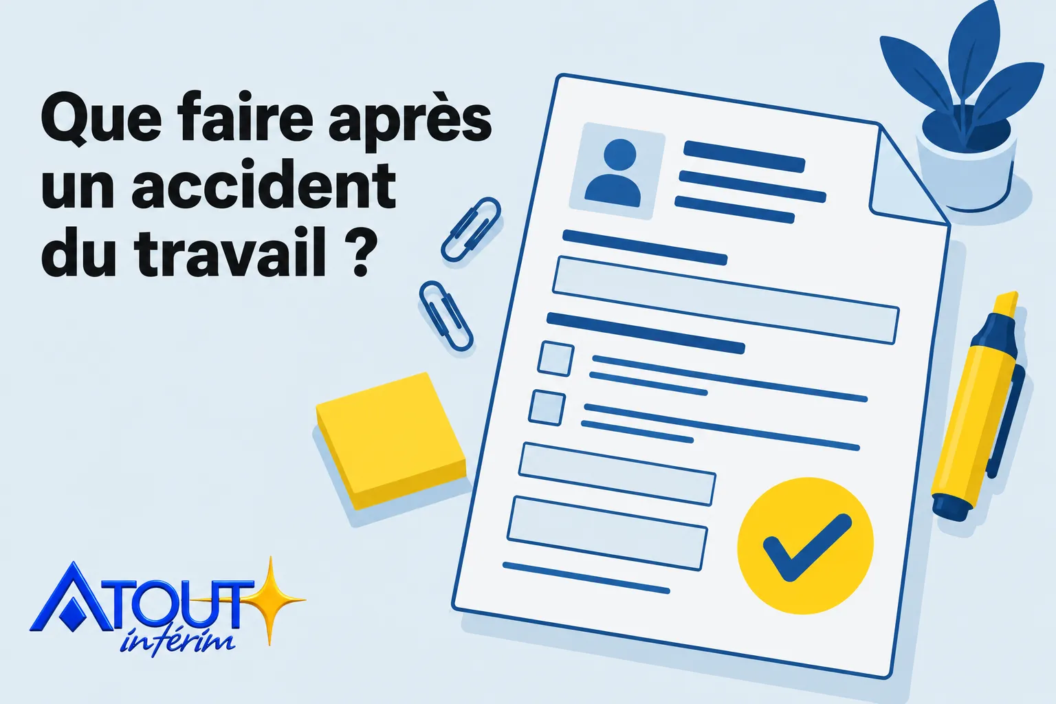 Une fiche d’information avec une coche jaune sur une page stylisée entourée d’un crayon jaune et de petites pièces de papier