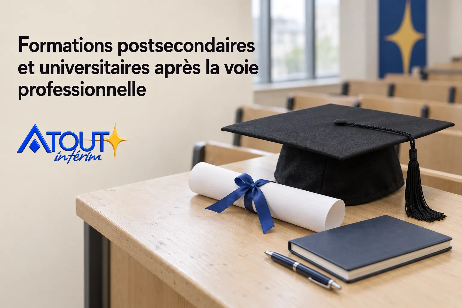 Formation postsecondaire et universitaire après la voie professionnelle avec un diplôme, un carnet et un stylo sur une table.