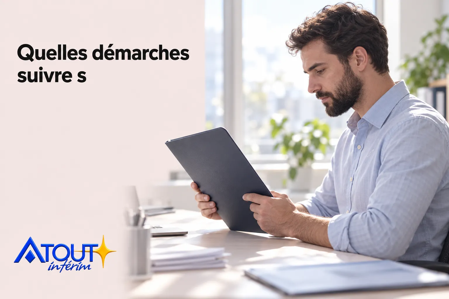 Un homme assis à un bureau lit un dossier gris posé sur ses genoux.