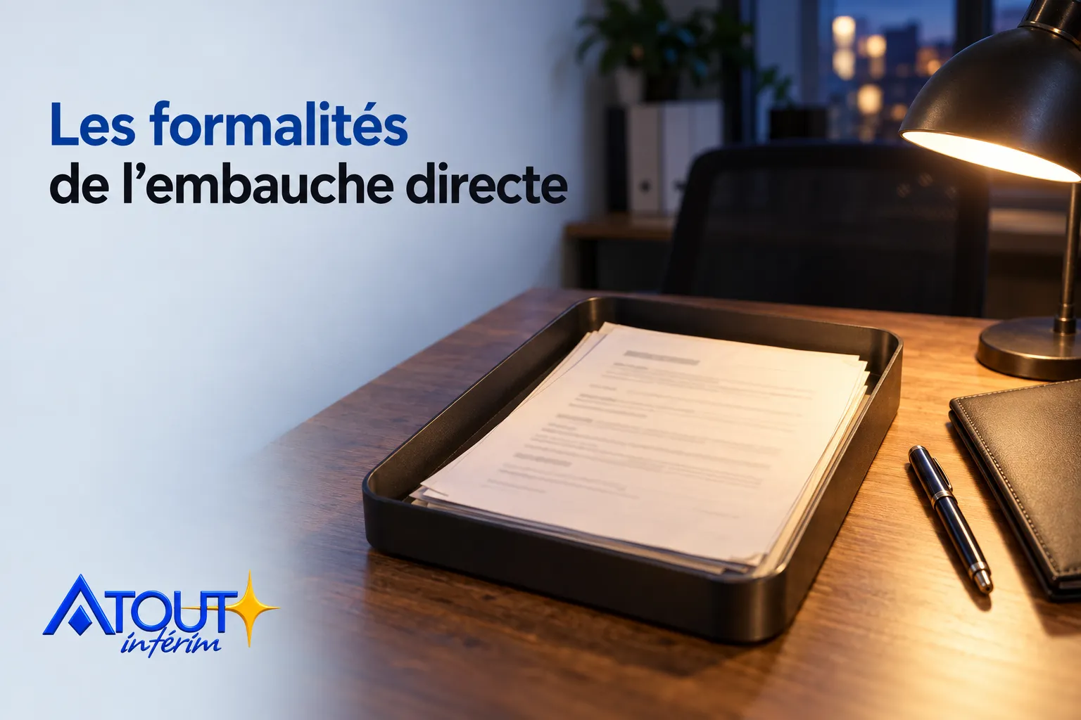Une pile de documents déposée dans un bac de rangement sur une table de bureau, éclairée par une lampe, avec le logo "ATOUT