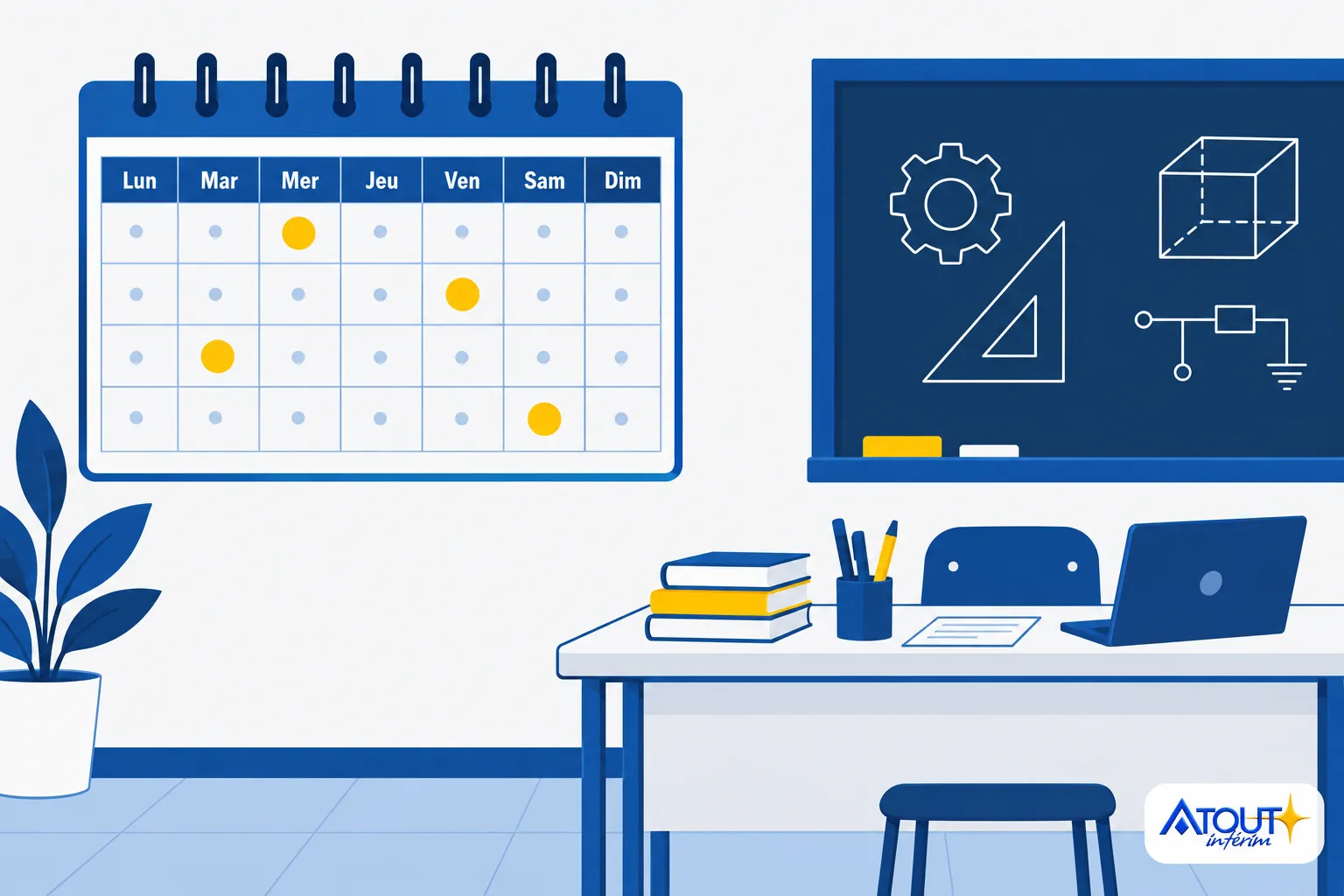 Une salle de travail avec un tableau noir montrant des diagrams et une grande table de bureau à côté, décorée d’un