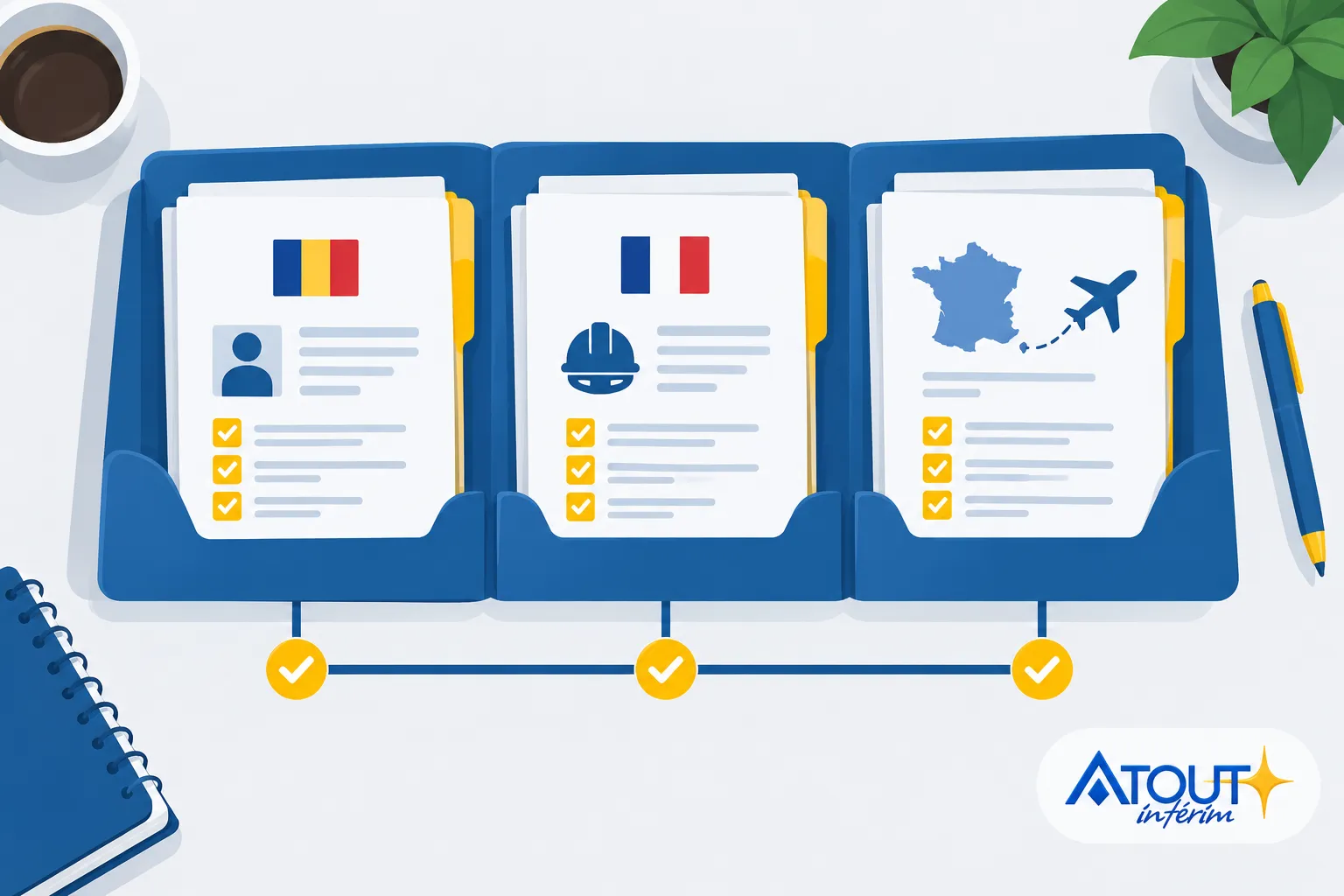 Trois dossiers rangés dans une trousse bleue avec des drapeaux et des pictogrammes, reliés par une ligne avec des coches
