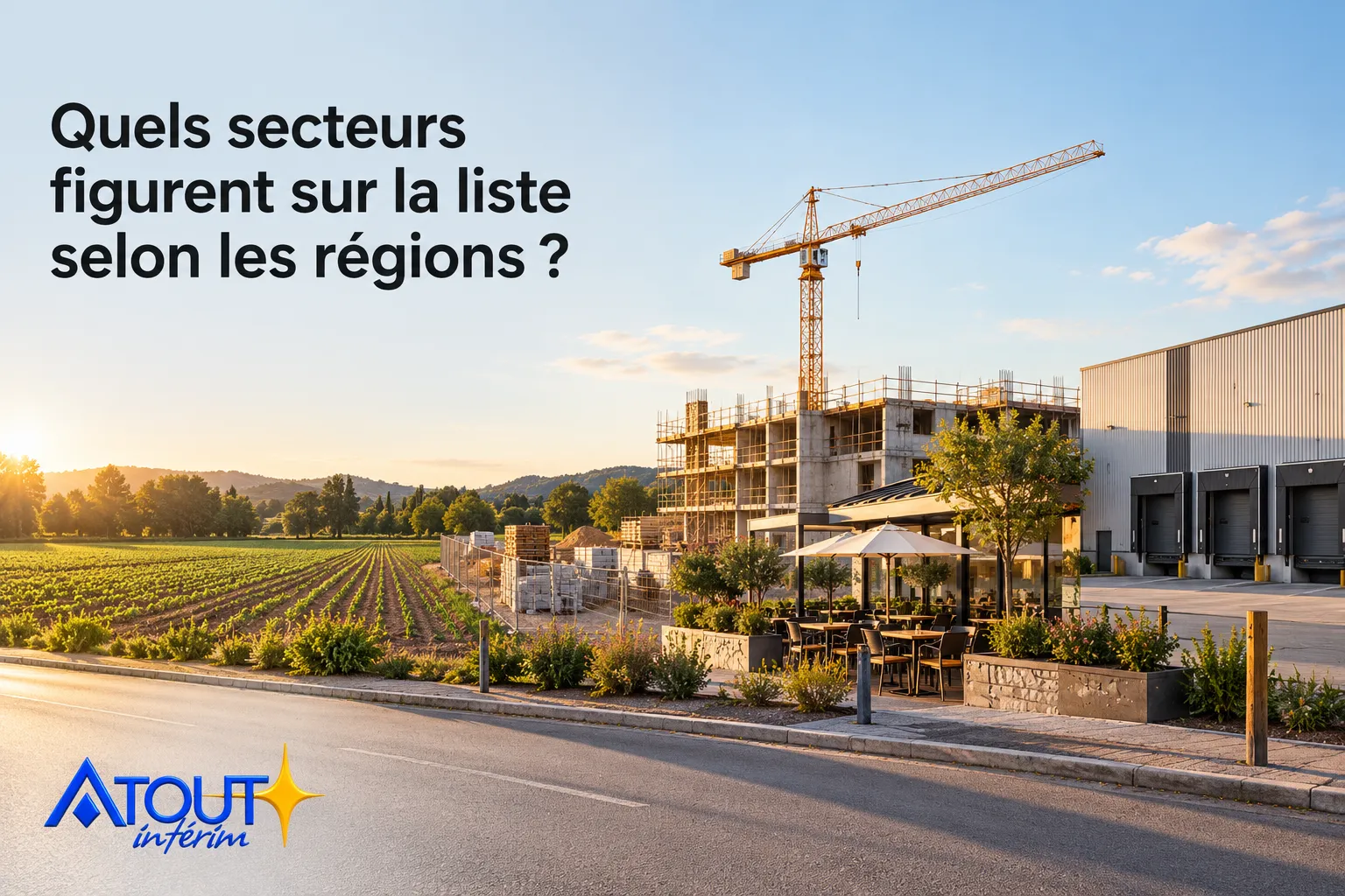 Une vue extérieure d’un chantier de construction avec grue, bâtiment en construction et espace extérieur avec tables et